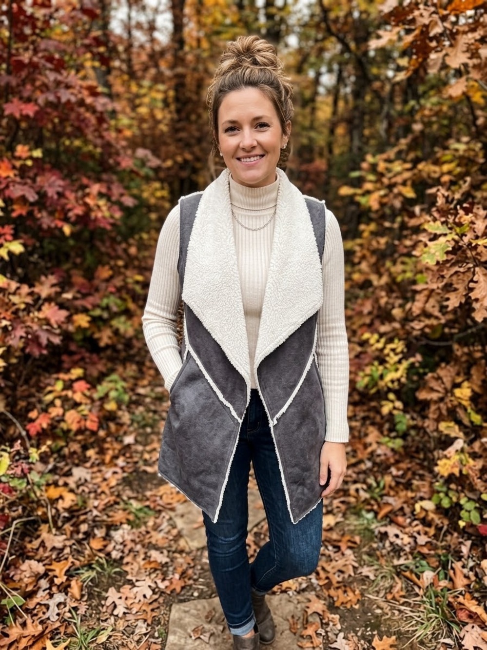 LuLaRoe Charcoal Vest with Cream Sherpa Collar